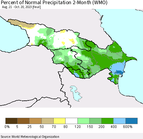 Azerbaijan, Armenia and Georgia Percent of Normal Precipitation 2-Month (WMO) Thematic Map For 8/21/2023 - 10/20/2023