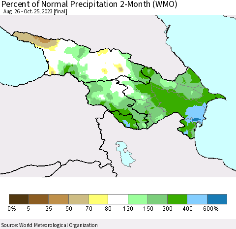Azerbaijan, Armenia and Georgia Percent of Normal Precipitation 2-Month (WMO) Thematic Map For 8/26/2023 - 10/25/2023