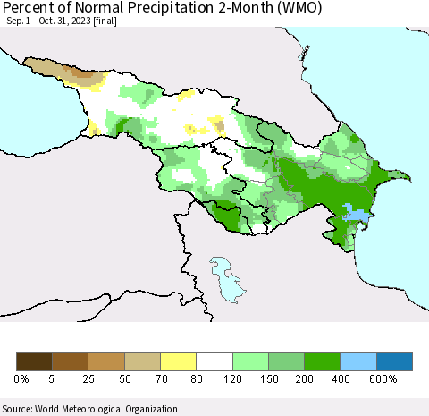 Azerbaijan, Armenia and Georgia Percent of Normal Precipitation 2-Month (WMO) Thematic Map For 9/1/2023 - 10/31/2023