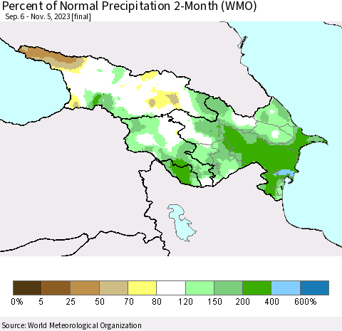 Azerbaijan, Armenia and Georgia Percent of Normal Precipitation 2-Month (WMO) Thematic Map For 9/6/2023 - 11/5/2023