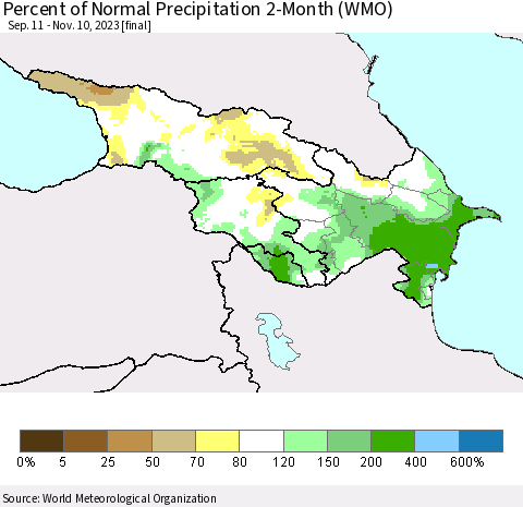 Azerbaijan, Armenia and Georgia Percent of Normal Precipitation 2-Month (WMO) Thematic Map For 9/11/2023 - 11/10/2023
