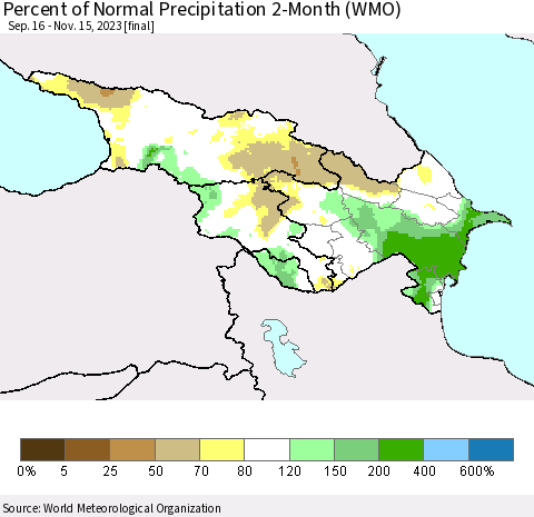 Azerbaijan, Armenia and Georgia Percent of Normal Precipitation 2-Month (WMO) Thematic Map For 9/16/2023 - 11/15/2023