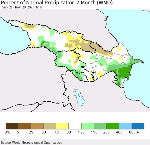 Azerbaijan, Armenia and Georgia Percent of Normal Precipitation 2-Month (WMO) Thematic Map For 9/21/2023 - 11/20/2023