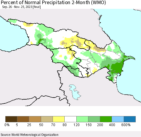 Azerbaijan, Armenia and Georgia Percent of Normal Precipitation 2-Month (WMO) Thematic Map For 9/26/2023 - 11/25/2023