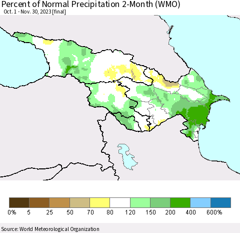 Azerbaijan, Armenia and Georgia Percent of Normal Precipitation 2-Month (WMO) Thematic Map For 10/1/2023 - 11/30/2023