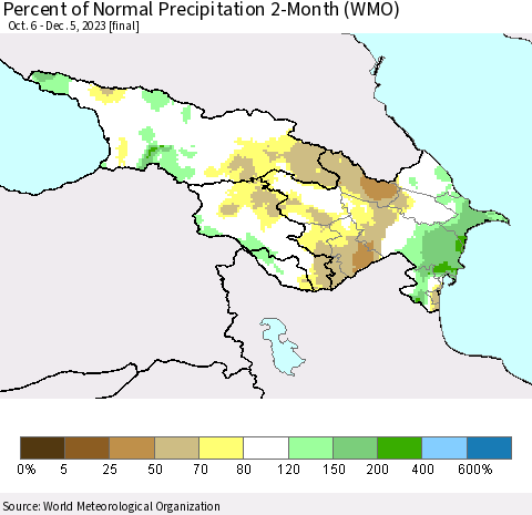 Azerbaijan, Armenia and Georgia Percent of Normal Precipitation 2-Month (WMO) Thematic Map For 10/6/2023 - 12/5/2023