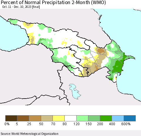 Azerbaijan, Armenia and Georgia Percent of Normal Precipitation 2-Month (WMO) Thematic Map For 10/11/2023 - 12/10/2023