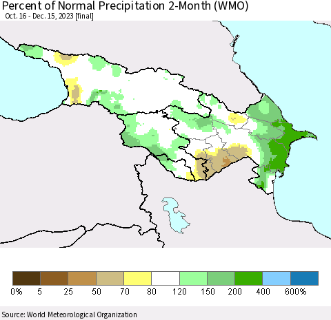 Azerbaijan, Armenia and Georgia Percent of Normal Precipitation 2-Month (WMO) Thematic Map For 10/16/2023 - 12/15/2023