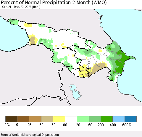 Azerbaijan, Armenia and Georgia Percent of Normal Precipitation 2-Month (WMO) Thematic Map For 10/21/2023 - 12/20/2023