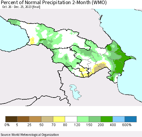 Azerbaijan, Armenia and Georgia Percent of Normal Precipitation 2-Month (WMO) Thematic Map For 10/26/2023 - 12/25/2023