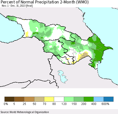 Azerbaijan, Armenia and Georgia Percent of Normal Precipitation 2-Month (WMO) Thematic Map For 11/1/2023 - 12/31/2023