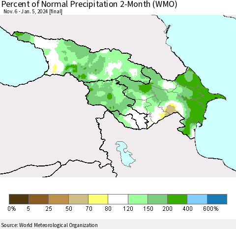 Azerbaijan, Armenia and Georgia Percent of Normal Precipitation 2-Month (WMO) Thematic Map For 11/6/2023 - 1/5/2024