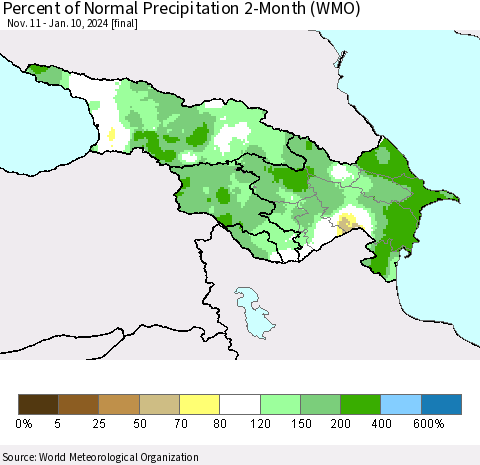 Azerbaijan, Armenia and Georgia Percent of Normal Precipitation 2-Month (WMO) Thematic Map For 11/11/2023 - 1/10/2024