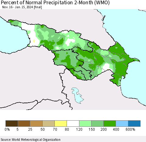Azerbaijan, Armenia and Georgia Percent of Normal Precipitation 2-Month (WMO) Thematic Map For 11/16/2023 - 1/15/2024