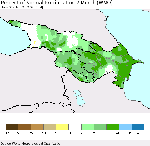 Azerbaijan, Armenia and Georgia Percent of Normal Precipitation 2-Month (WMO) Thematic Map For 11/21/2023 - 1/20/2024