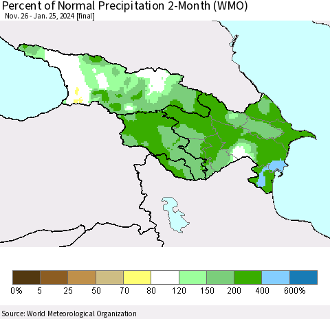 Azerbaijan, Armenia and Georgia Percent of Normal Precipitation 2-Month (WMO) Thematic Map For 11/26/2023 - 1/25/2024