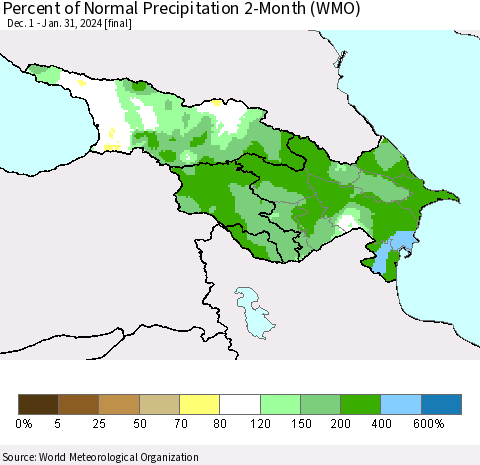 Azerbaijan, Armenia and Georgia Percent of Normal Precipitation 2-Month (WMO) Thematic Map For 12/1/2023 - 1/31/2024
