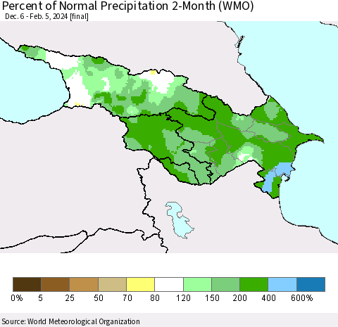 Azerbaijan, Armenia and Georgia Percent of Normal Precipitation 2-Month (WMO) Thematic Map For 12/6/2023 - 2/5/2024