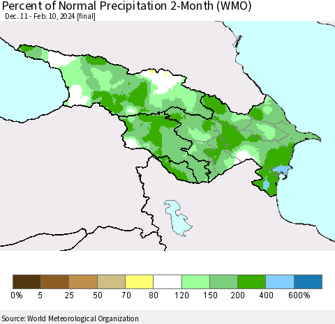 Azerbaijan, Armenia and Georgia Percent of Normal Precipitation 2-Month (WMO) Thematic Map For 12/11/2023 - 2/10/2024