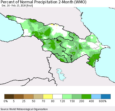 Azerbaijan, Armenia and Georgia Percent of Normal Precipitation 2-Month (WMO) Thematic Map For 12/16/2023 - 2/15/2024
