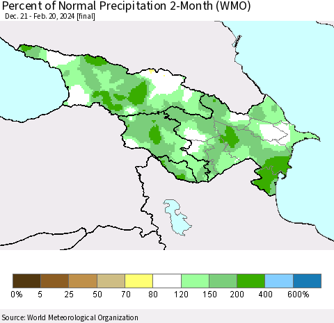 Azerbaijan, Armenia and Georgia Percent of Normal Precipitation 2-Month (WMO) Thematic Map For 12/21/2023 - 2/20/2024