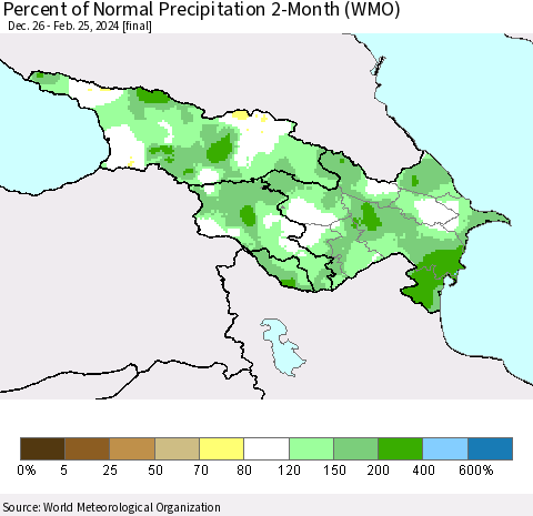 Azerbaijan, Armenia and Georgia Percent of Normal Precipitation 2-Month (WMO) Thematic Map For 12/26/2023 - 2/25/2024