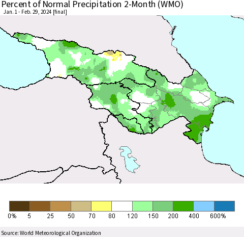 Azerbaijan, Armenia and Georgia Percent of Normal Precipitation 2-Month (WMO) Thematic Map For 1/1/2024 - 2/29/2024