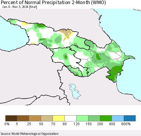 Azerbaijan, Armenia and Georgia Percent of Normal Precipitation 2-Month (WMO) Thematic Map For 1/6/2024 - 3/5/2024