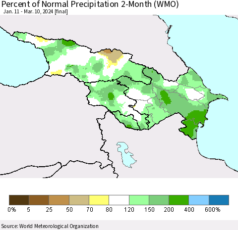 Azerbaijan, Armenia and Georgia Percent of Normal Precipitation 2-Month (WMO) Thematic Map For 1/11/2024 - 3/10/2024