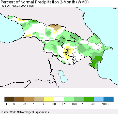 Azerbaijan, Armenia and Georgia Percent of Normal Precipitation 2-Month (WMO) Thematic Map For 1/16/2024 - 3/15/2024