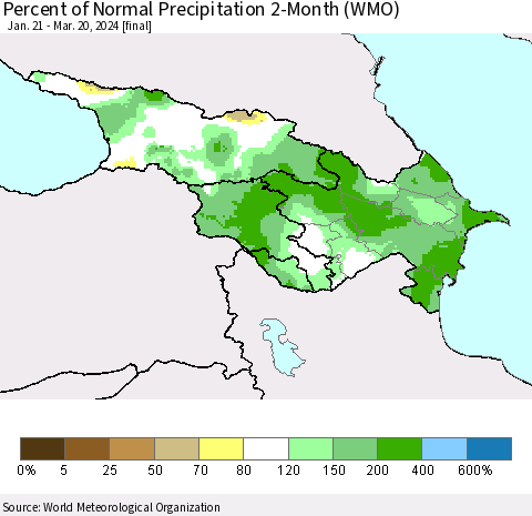 Azerbaijan, Armenia and Georgia Percent of Normal Precipitation 2-Month (WMO) Thematic Map For 1/21/2024 - 3/20/2024