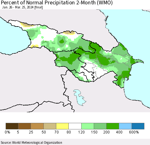 Azerbaijan, Armenia and Georgia Percent of Normal Precipitation 2-Month (WMO) Thematic Map For 1/26/2024 - 3/25/2024