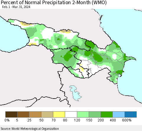 Azerbaijan, Armenia and Georgia Percent of Normal Precipitation 2-Month (WMO) Thematic Map For 2/1/2024 - 3/31/2024