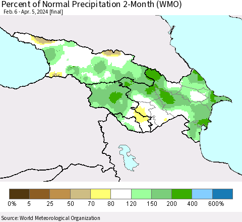 Azerbaijan, Armenia and Georgia Percent of Normal Precipitation 2-Month (WMO) Thematic Map For 2/6/2024 - 4/5/2024