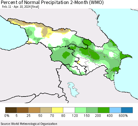 Azerbaijan, Armenia and Georgia Percent of Normal Precipitation 2-Month (WMO) Thematic Map For 2/11/2024 - 4/10/2024