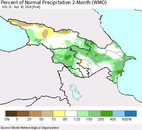 Azerbaijan, Armenia and Georgia Percent of Normal Precipitation 2-Month (WMO) Thematic Map For 2/21/2024 - 4/20/2024