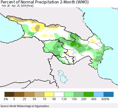 Azerbaijan, Armenia and Georgia Percent of Normal Precipitation 2-Month (WMO) Thematic Map For 2/26/2024 - 4/25/2024