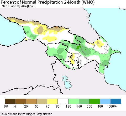 Azerbaijan, Armenia and Georgia Percent of Normal Precipitation 2-Month (WMO) Thematic Map For 3/1/2024 - 4/30/2024