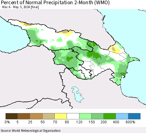 Azerbaijan, Armenia and Georgia Percent of Normal Precipitation 2-Month (WMO) Thematic Map For 3/6/2024 - 5/5/2024