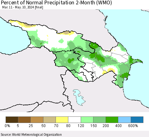 Azerbaijan, Armenia and Georgia Percent of Normal Precipitation 2-Month (WMO) Thematic Map For 3/11/2024 - 5/10/2024