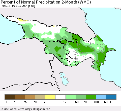 Azerbaijan, Armenia and Georgia Percent of Normal Precipitation 2-Month (WMO) Thematic Map For 3/16/2024 - 5/15/2024