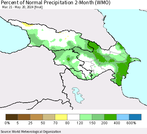 Azerbaijan, Armenia and Georgia Percent of Normal Precipitation 2-Month (WMO) Thematic Map For 3/21/2024 - 5/20/2024