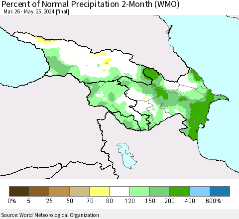 Azerbaijan, Armenia and Georgia Percent of Normal Precipitation 2-Month (WMO) Thematic Map For 3/26/2024 - 5/25/2024