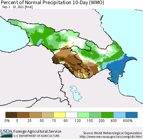 Azerbaijan, Armenia and Georgia Percent of Normal Precipitation 10-Day (WMO) Thematic Map For 9/1/2021 - 9/10/2021