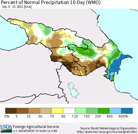 Azerbaijan, Armenia and Georgia Percent of Normal Precipitation 10-Day (WMO) Thematic Map For 9/6/2021 - 9/15/2021