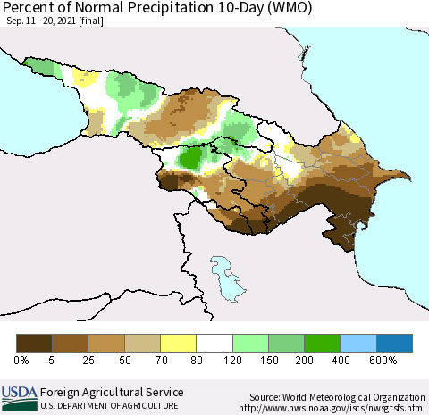 Azerbaijan, Armenia and Georgia Percent of Normal Precipitation 10-Day (WMO) Thematic Map For 9/11/2021 - 9/20/2021