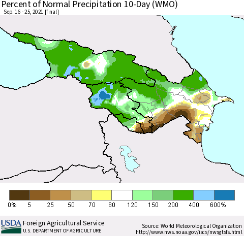 Azerbaijan, Armenia and Georgia Percent of Normal Precipitation 10-Day (WMO) Thematic Map For 9/16/2021 - 9/25/2021