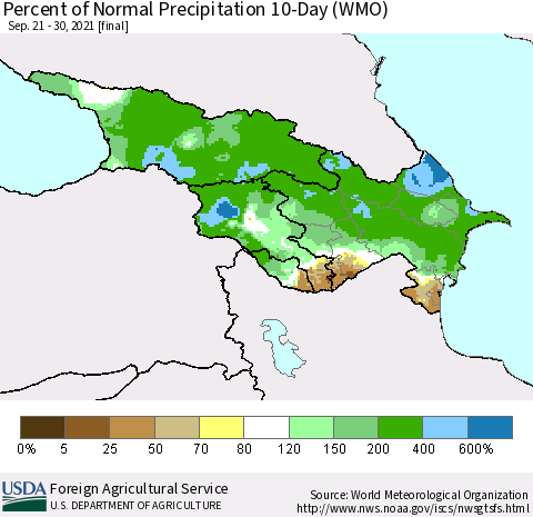 Azerbaijan, Armenia and Georgia Percent of Normal Precipitation 10-Day (WMO) Thematic Map For 9/21/2021 - 9/30/2021