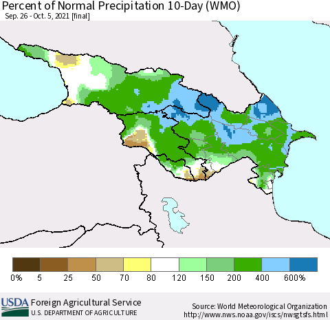 Azerbaijan, Armenia and Georgia Percent of Normal Precipitation 10-Day (WMO) Thematic Map For 9/26/2021 - 10/5/2021