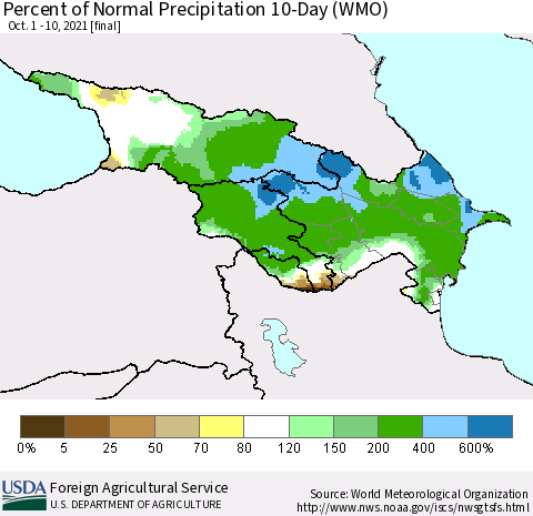 Azerbaijan, Armenia and Georgia Percent of Normal Precipitation 10-Day (WMO) Thematic Map For 10/1/2021 - 10/10/2021